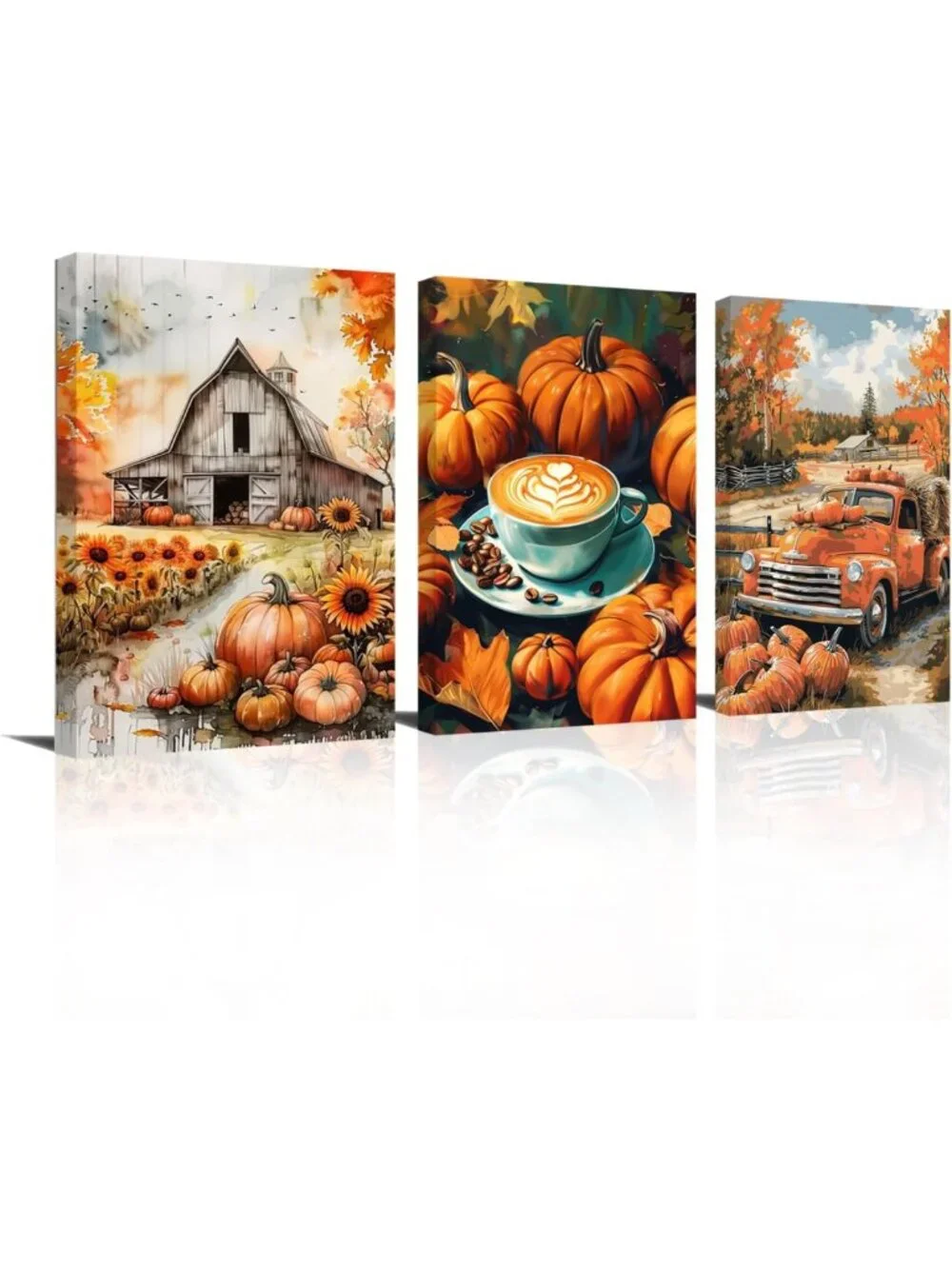 Autumn Harvest Pumpkin Wall Art Set - 3 Piece Fall Canvas Decor for Kitchen